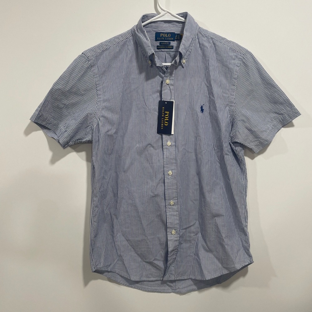 Polo Ralph Lauren Mens Seersucker Stripe Short Sleeve Shirt Navy White Small NEW